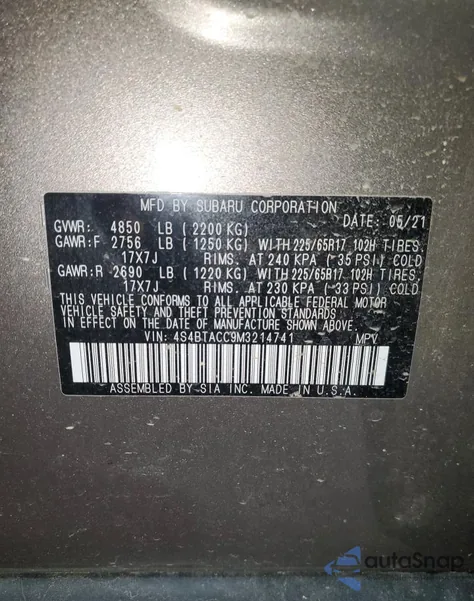 2021 Subaru Outback Premium from USA, damaged, VIN 4S4BTACC9M3214741